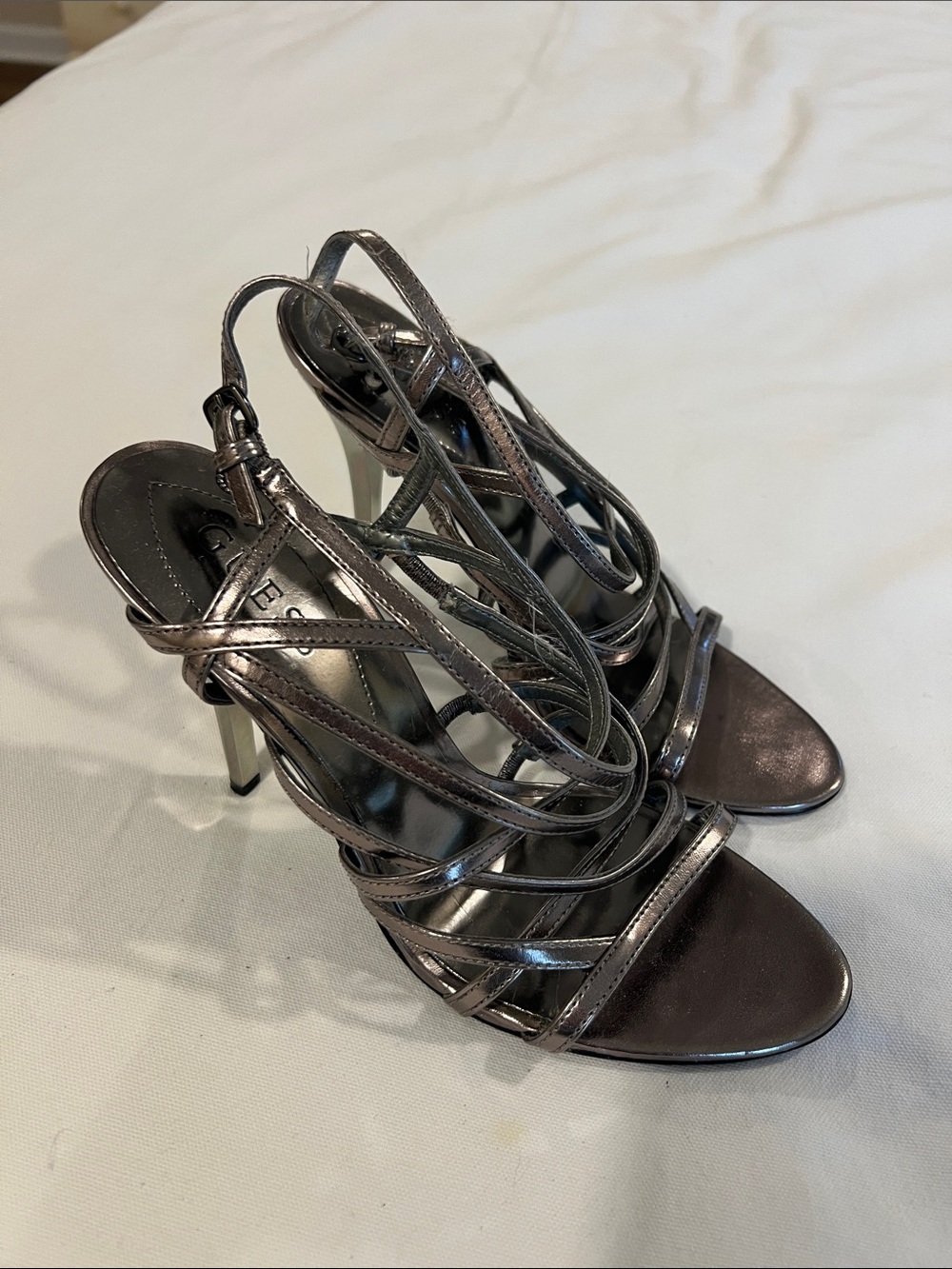 Guess Metallic Gunmetal Strappy High Heel Sandals